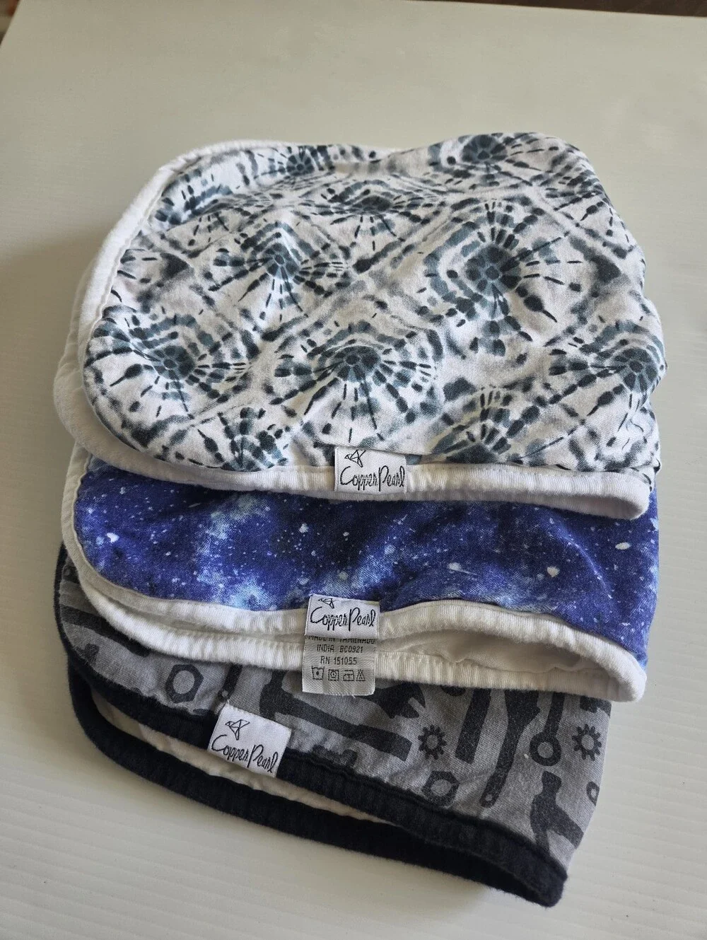 Copper Pearl Baby Boy Burp Cloths 3 Pack - Galaxy, Tie Dye, Tools - 18x9.5